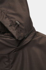 Close-up front angle of Herno Down jacket gray brown, showing mix of microfiber and viscose, soft touch, light down filling, regular fit, two-way zipper, wind flap with snap buttons, removable rib-knit collar trim, detachable hood, front pockets with snap