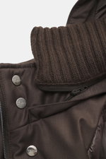 Close-up view of the Herno Down jacket gray brown showing the rib-knit collar trim, buttons, and zipper details. The jacket features a mix of microfiber and viscose, soft touch, light down filling, regular fit, two-way zipper, wind flap with snap buttons,