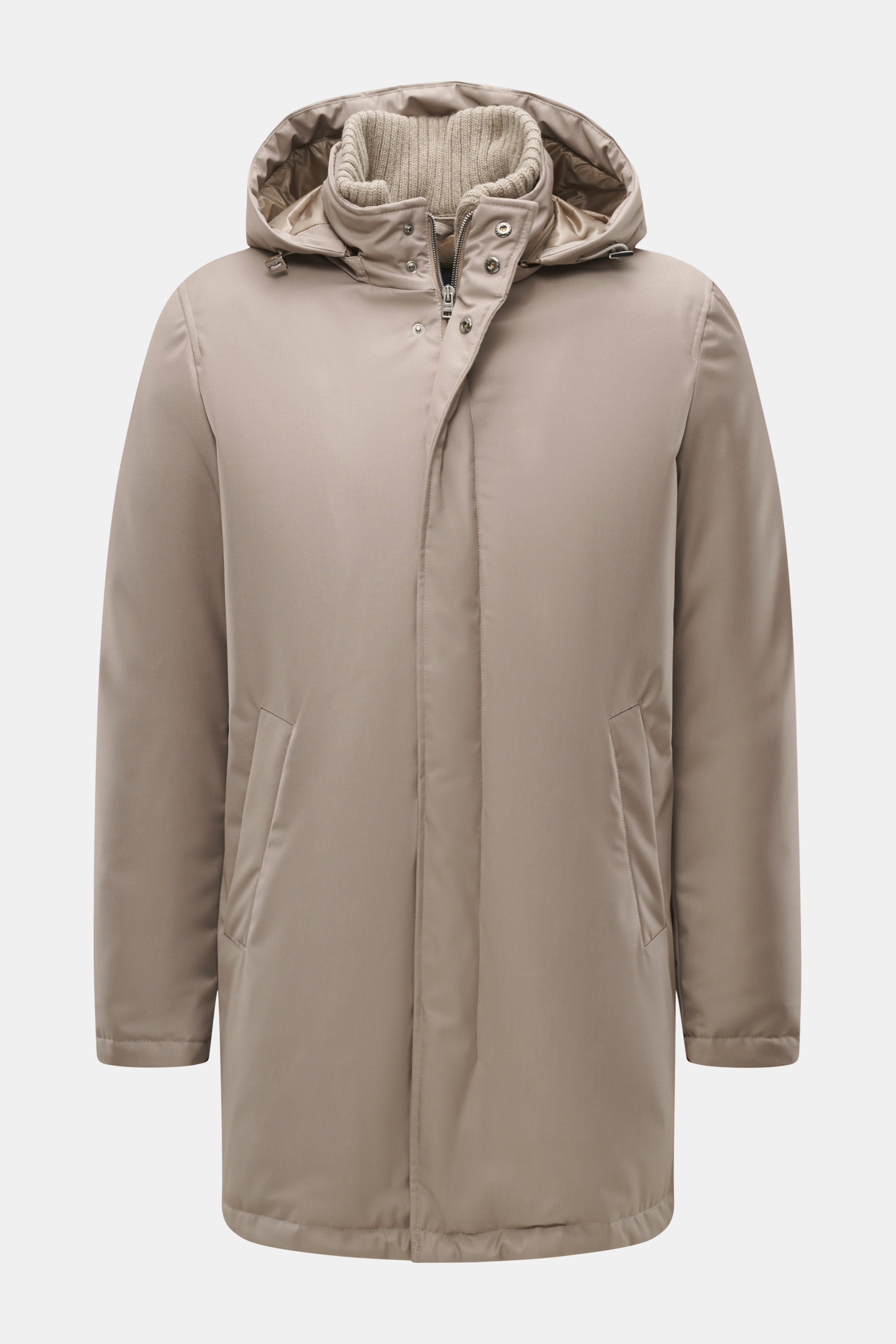 Front view of Herno Down jacket sand in beige, mix of microfiber and viscose, soft touch, light down filling, regular fit, two-way zipper, wind flap with snap buttons, removable rib-knit collar trim, detachable hood, front pockets with snap button, quilte