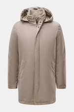 Front view of Herno Down jacket sand in beige, mix of microfiber and viscose, soft touch, light down filling, regular fit, two-way zipper, wind flap with snap buttons, removable rib-knit collar trim, detachable hood, front pockets with snap button, quilte