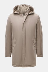 Front view of Herno Down jacket sand in beige, mix of microfiber and viscose, soft touch, light down filling, regular fit, two-way zipper, wind flap with snap buttons, removable rib-knit collar trim, detachable hood, front pockets with snap button, quilte