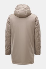 Back view of Herno Down jacket sand in regular fit, mix of microfiber and viscose, soft touch, light down filling, with detachable hood, removable rib-knit collar trim, two-way zipper, wind flap with snap buttons, front pockets with snap button, quilted l