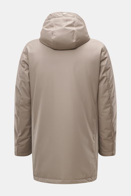 Back view of Herno Down jacket sand in regular fit, mix of microfiber and viscose, soft touch, light down filling, with detachable hood, removable rib-knit collar trim, two-way zipper, wind flap with snap buttons, front pockets with snap button, quilted l