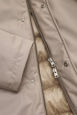 Close-up front view of Herno Down jacket sand showing mix of microfiber and viscose, soft touch, light down filling, regular fit, two-way zipper, wind flap with snap buttons, removable rib-knit collar trim, detachable hood, front pockets with snap button,