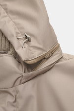 Close-up front side view of Herno Down jacket sand, showing mix of microfiber and viscose fabric, soft touch, light down filling, regular fit, two-way zipper, wind flap with snap buttons, removable rib-knit collar trim, detachable hood, front pockets with