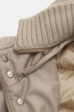 Close-up front view of Herno Down jacket sand showing removable rib-knit collar trim, two-way zipper, snap buttons, and quilted lining, made from a mix of microfiber and viscose, soft touch, light down filling, regular fit, wind flap with snap buttons, de