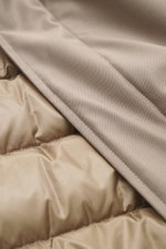 Close-up front view of Herno Down jacket sand showing mix of microfiber and viscose, soft touch, light down filling, regular fit, two-way zipper, wind flap with snap buttons, removable rib-knit collar trim, detachable hood, front pockets with snap button,