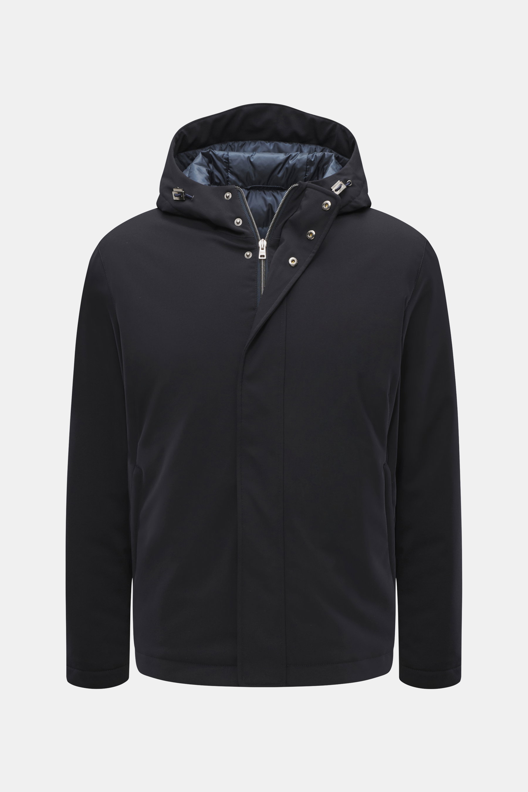 Front view of Herno Down jacket dark navy, a sporty winter essential with high-quality microfiber, smooth feel, down filling, regular fit, water-repellent surface, durable zipper, hood with drawstring, zippered front pockets, quilted lining fabric, and th