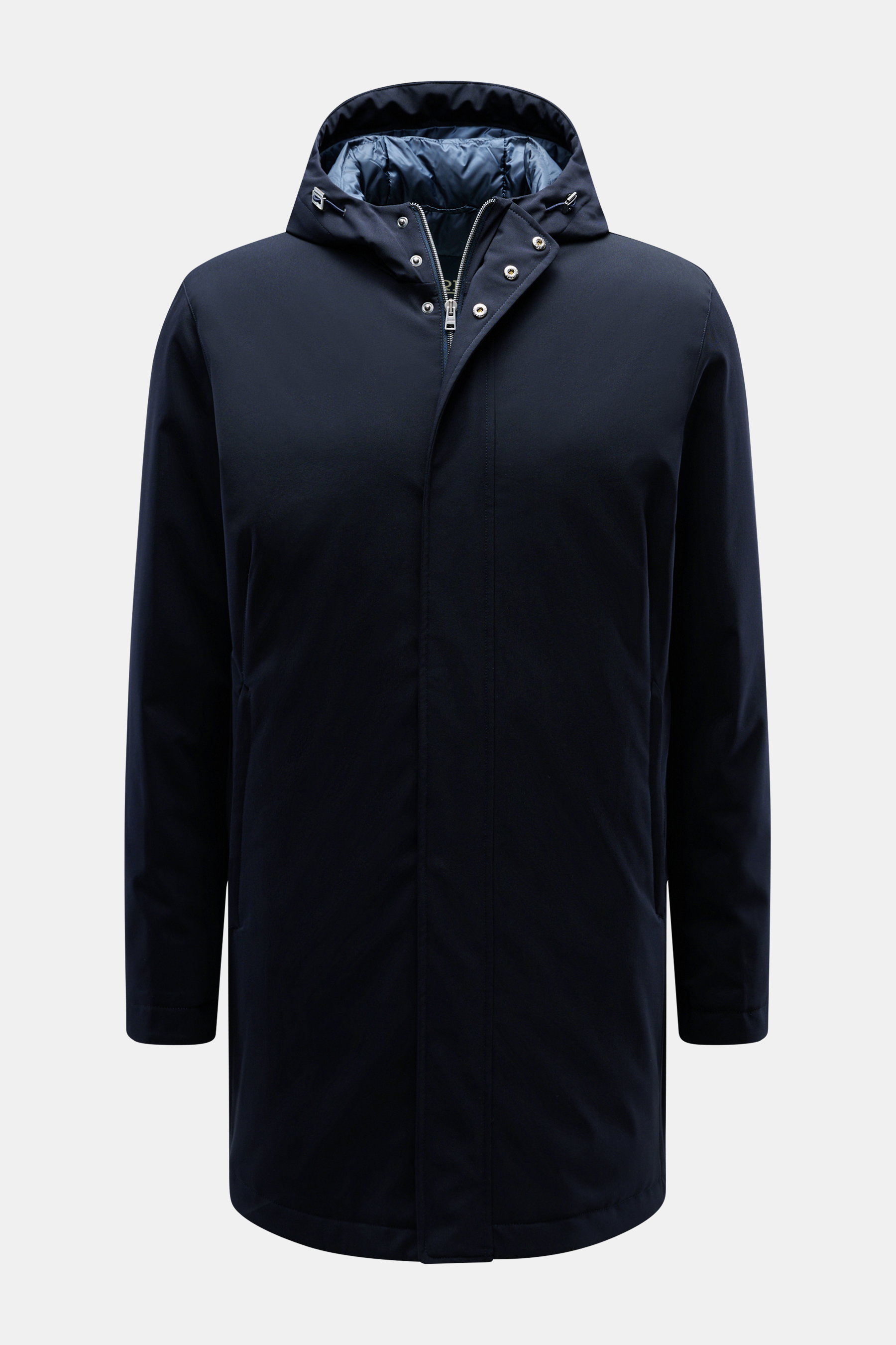 Front view of Herno Down short coat dark navy made of high-quality microfiber with a slightly textured feel, light down filling, regular fit, two-way zipper, wind flap, hood with drawstring, slanted hip pockets with zipper, smooth lining fabric, and three