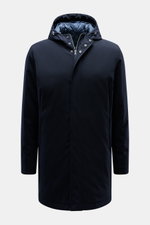 Front view of Herno Down short coat dark navy made of high-quality microfiber with a slightly textured feel, light down filling, regular fit, two-way zipper, wind flap, hood with drawstring, slanted hip pockets with zipper, smooth lining fabric, and three
