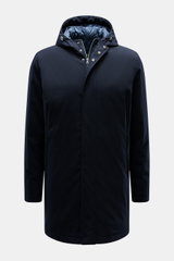Front view of Herno Down short coat dark navy made of high-quality microfiber with a slightly textured feel, light down filling, regular fit, two-way zipper, wind flap, hood with drawstring, slanted hip pockets with zipper, smooth lining fabric, and three