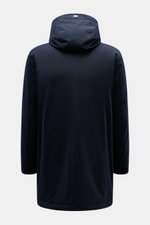 Back view of Herno Down short coat dark navy, made of high-quality microfiber with a slightly textured feel, light down filling, regular fit, two-way zipper, wind flap, hood with drawstring, slanted hip pockets with zipper, smooth lining fabric, and three