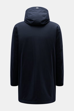 Back view of Herno Down short coat dark navy, made of high-quality microfiber with a slightly textured feel, light down filling, regular fit, two-way zipper, wind flap, hood with drawstring, slanted hip pockets with zipper, smooth lining fabric, and three