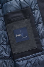 Close-up inside view of the Herno Down short coat dark navy showing high-quality microfiber, smooth lining fabric, three inside pockets, and light down filling with regular fit.