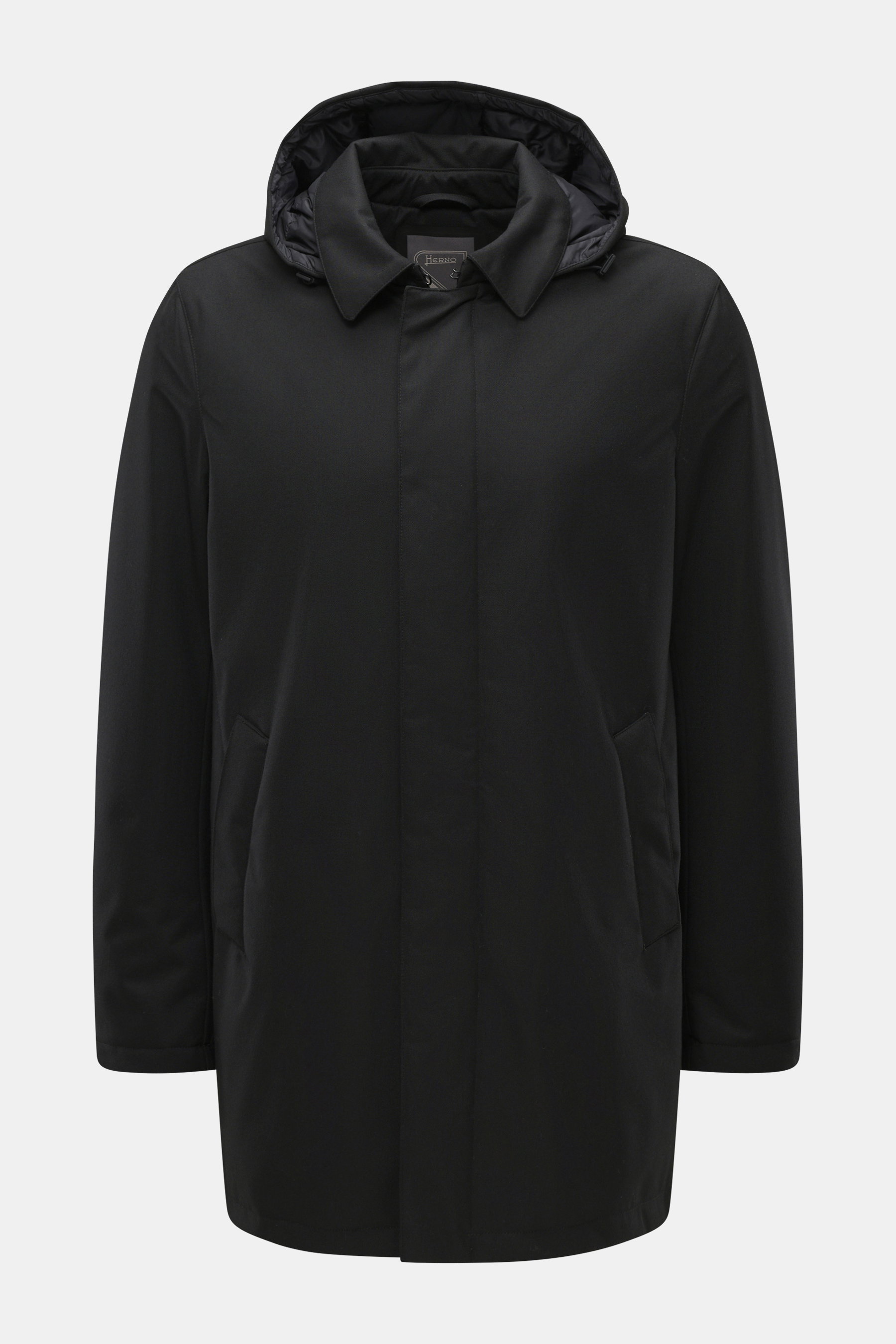 Front view of Herno Down jacket black, mix of wool and microfiber, soft touch, down filling, regular fit, water repellent, durable zipper, detachable hood with drawstring, turn-down collar, front pockets with snap button, quilted lining, one inside pocket