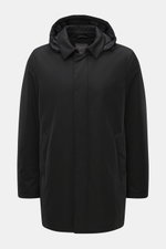 Front view of Herno Down jacket black, mix of wool and microfiber, soft touch, down filling, regular fit, water repellent, durable zipper, detachable hood with drawstring, turn-down collar, front pockets with snap button, quilted lining, one inside pocket