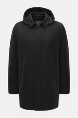 Front view of Herno Down jacket black, mix of wool and microfiber, soft touch, down filling, regular fit, water repellent, durable zipper, detachable hood with drawstring, turn-down collar, front pockets with snap button, quilted lining, one inside pocket