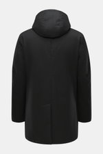 Herno Down jacket black shown from the back, regular fit with detachable hood, turn-down collar, water repellent, durable zipper, front snap pockets, quilted lining, inside pocket, mix of wool and microfiber, soft touch, down filling.