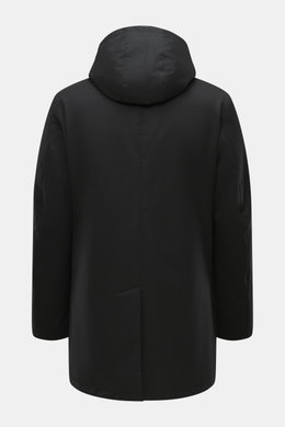 Herno Down jacket black shown from the back, regular fit with detachable hood, turn-down collar, water repellent, durable zipper, front snap pockets, quilted lining, inside pocket, mix of wool and microfiber, soft touch, down filling.