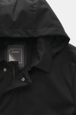 Close-up front view of Herno Down jacket black showing turn-down collar, detachable hood with drawstring, durable zipper, snap button, mix of wool and microfiber, soft touch, down filling, regular fit, water repellent fabric, quilted lining, front pockets