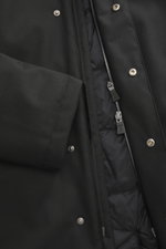 Close-up front view of Herno Down jacket black showing durable zipper, snap buttons, and quilted lining, made of wool and microfiber, soft touch, down filling, regular fit, water repellent, detachable hood with drawstring, turn-down collar, front pockets 