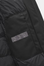 Close-up interior view of Herno Down jacket black showing quilted lining, inside pocket with durable zipper, mix of wool and microfiber fabric, soft touch, down filling, regular fit, water repellent, detachable hood with drawstring, turn-down collar, fron