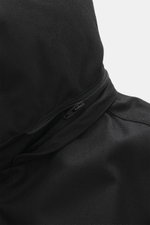 Close-up front view of Herno Down jacket black showing durable zipper and fabric texture, mix of wool and microfiber, soft touch, down filling, regular fit, water repellent, detachable hood with drawstring, turn-down collar, front pockets with snap button