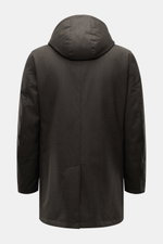 Herno Down jacket dark brown melange shown from the back, mix of wool and microfiber, soft touch, down filling, regular fit, water repellent, durable zipper, detachable hood with drawstring, turn-down collar, front pockets with snap button, quilted lining