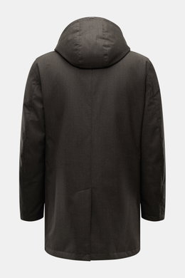 Herno Down jacket dark brown melange shown from the back, mix of wool and microfiber, soft touch, down filling, regular fit, water repellent, durable zipper, detachable hood with drawstring, turn-down collar, front pockets with snap button, quilted lining