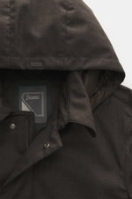 Close-up front view of Herno Down jacket dark brown melange showing detachable hood with drawstring, turn-down collar, soft wool and microfiber mix, down filling, water repellent fabric, durable zipper, front pockets with snap button, quilted lining, regu