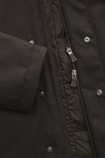 Close-up front view of Herno Down jacket dark brown melange showing durable zipper, snap buttons, soft touch mix of wool and microfiber fabric, quilted lining, and details including detachable hood with drawstring, turn-down collar, front pockets with sna