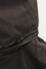 Close-up front side view of Herno Down jacket dark brown melange showing durable zipper and textured mix of wool and microfiber fabric with soft touch, featuring down filling, regular fit, water repellent, detachable hood with drawstring, turn-down collar