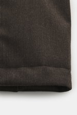 Close-up front view of Herno Down jacket dark brown melange showing mix of wool and microfiber, soft touch, down filling, regular fit, water repellent, durable zipper, detachable hood with drawstring, turn-down collar, front pockets with snap button, quil