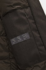 Close-up image of the inside pocket and quilted lining of the Herno Down jacket dark brown melange, photographed from above, featuring a mix of wool and microfiber, soft touch, down filling, regular fit, water repellent, durable zipper, detachable hood wi