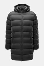 Herno Daunen-Kurzmantel dunkelgrau, Frontansicht, Slim Fit, Microfaser, Daunenfüllung, abnehmbare Kapuze, Zwei-Wege-Reißverschluss, schräge Taschen.