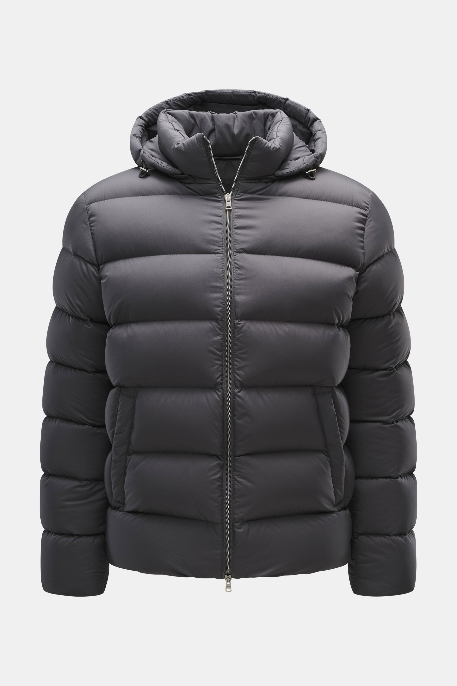 Front view of Herno Dark grey down jacket made of high-quality microfiber with soft touch, warm down filling, Regular Fit, two-way zipper, detachable hood with drawstring, slanted hip pockets with zipper, smooth lining fabric, adjustable hem width, and tw