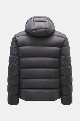Herno Daunenjacke dunkelgrau von hinten, hochwertige Microfaser, weicher Griff, wärmende Daunenfüllung, Regular Fit, Zwei-Wege-Reißverschluss, abnehmbare Kapuze, schräge Hüfttaschen, geschmeidiges Futter, regulierbare Saumweite, zwei Innentaschen.