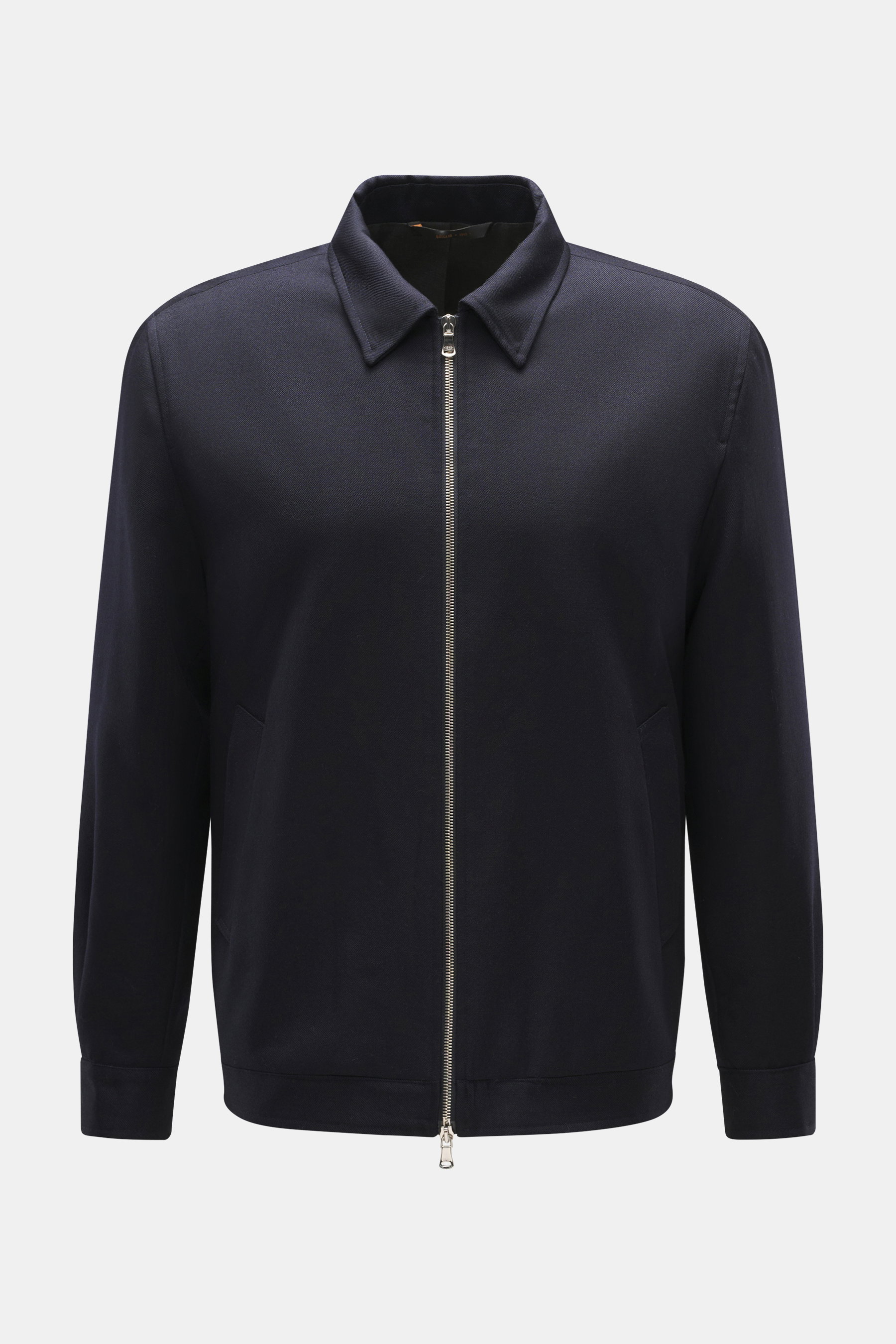 Front view of Briglia 1949 Jacket 'Bill' navy in pure virgin wool with a slightly textured feel, slim fit, turn-down collar, two-way zipper, cuffed sleeve ends, slanted welt pockets, smooth lining fabric, and one inside pocket.