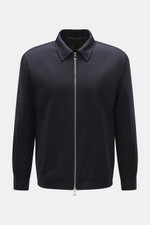 Front view of Briglia 1949 Jacket 'Bill' navy in pure virgin wool with a slightly textured feel, slim fit, turn-down collar, two-way zipper, cuffed sleeve ends, slanted welt pockets, smooth lining fabric, and one inside pocket.