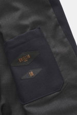 Close-up interior view of the Briglia 1949 Jacket 'Bill' navy showing pure virgin wool fabric, slightly textured feel, smooth lining, slanted welt pocket, and one inside pocket.