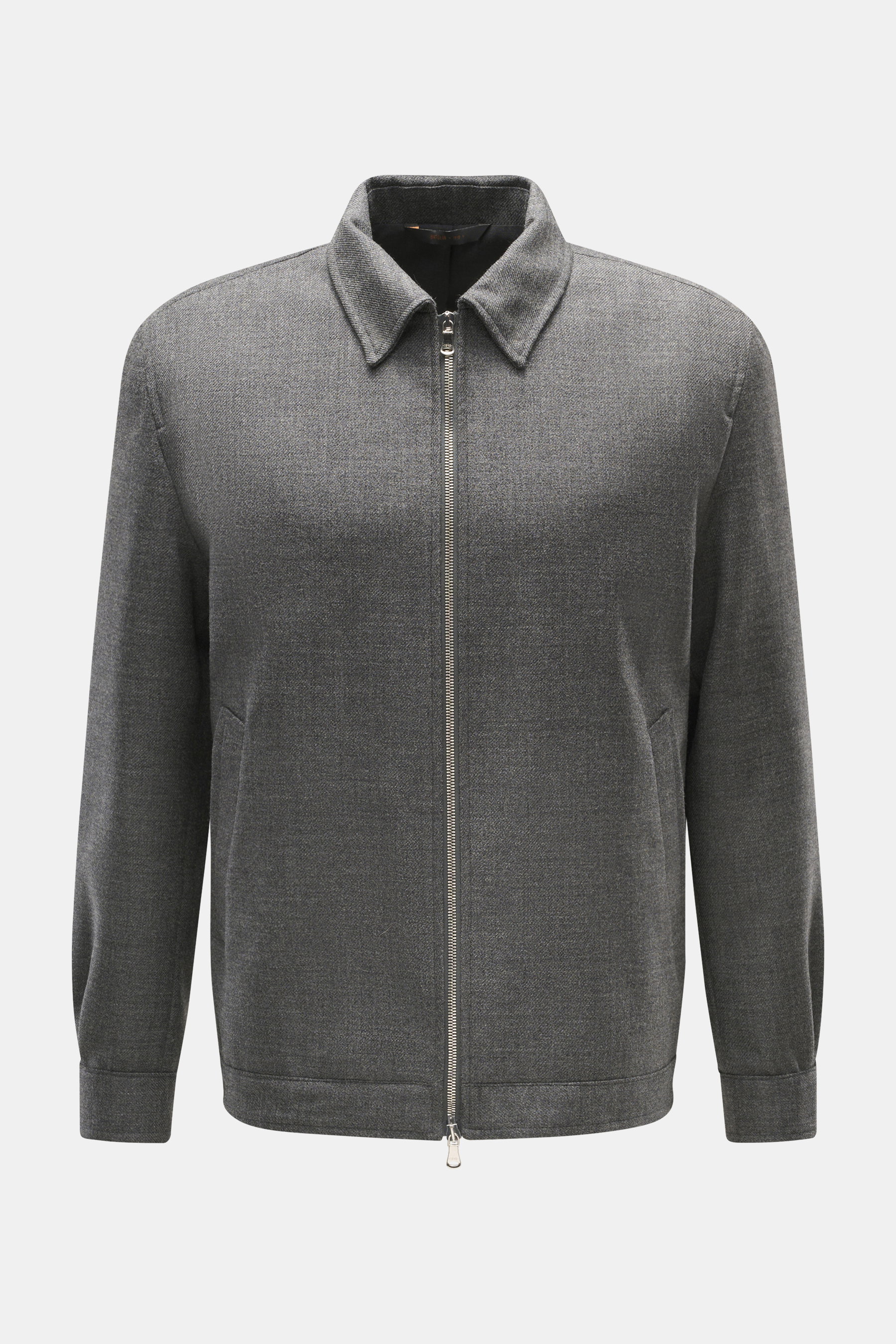 Front view of Briglia 1949 Jacket 'Bill' dark grey melange, slim fit with pure new wool, slightly textured feel, turn-down collar, two-way zipper, cuffed sleeve ends, slant welt pockets, smooth lining fabric, and one inside pocket.