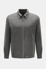 Front view of Briglia 1949 Jacket 'Bill' dark grey melange, slim fit with pure new wool, slightly textured feel, turn-down collar, two-way zipper, cuffed sleeve ends, slant welt pockets, smooth lining fabric, and one inside pocket.