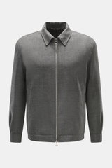 Front view of Briglia 1949 Jacket 'Bill' dark grey melange, slim fit with pure new wool, slightly textured feel, turn-down collar, two-way zipper, cuffed sleeve ends, slant welt pockets, smooth lining fabric, and one inside pocket.