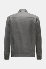 Back view of Briglia 1949 Jacket 'Bill' dark grey melange in pure new wool with slim fit, turn-down collar, two-way zipper, cuffed sleeves, slant welt pockets, smooth lining, and one inside pocket, showing its slightly textured feel.