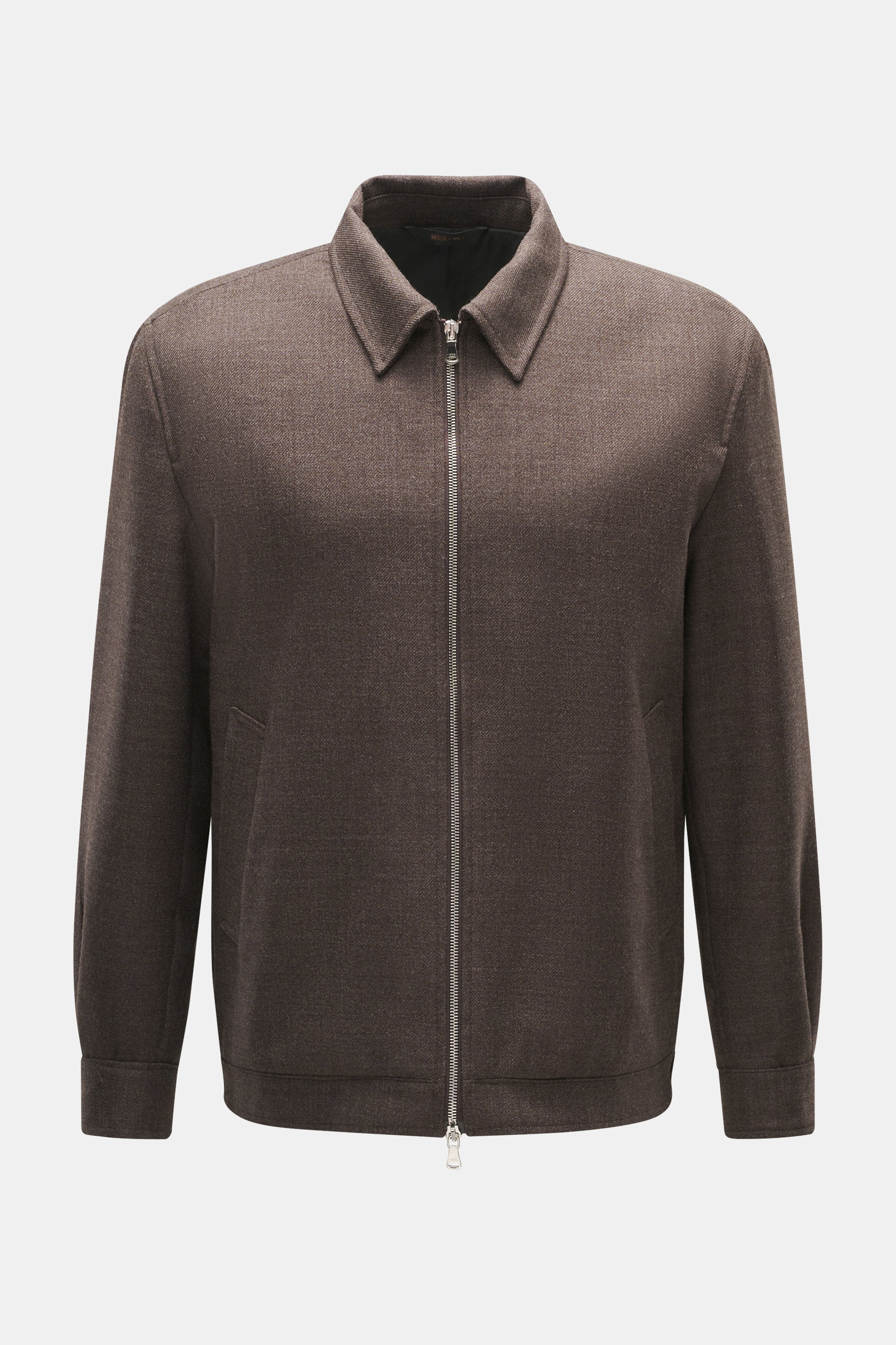 Front view of Briglia 1949 Jacket 'Bill' grey brown melange, pure virgin wool with slightly textured feel, slim fit, turn-down collar, two-way zipper, cuffed sleeve ends, slanted welt pockets, smooth lining fabric, and one inside pocket.