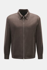 Front view of Briglia 1949 Jacket 'Bill' grey brown melange, pure virgin wool with slightly textured feel, slim fit, turn-down collar, two-way zipper, cuffed sleeve ends, slanted welt pockets, smooth lining fabric, and one inside pocket.