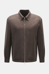Front view of Briglia 1949 Jacket 'Bill' grey brown melange, pure virgin wool with slightly textured feel, slim fit, turn-down collar, two-way zipper, cuffed sleeve ends, slanted welt pockets, smooth lining fabric, and one inside pocket.