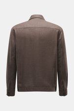 Back view of Briglia 1949 Jacket 'Bill' grey brown melange, slim fit with pure virgin wool, slightly textured feel, turn-down collar, two-way zipper, cuffed sleeve ends, slanted welt pockets, smooth lining fabric, and one inside pocket.