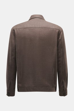 Back view of Briglia 1949 Jacket 'Bill' grey brown melange, slim fit with pure virgin wool, slightly textured feel, turn-down collar, two-way zipper, cuffed sleeve ends, slanted welt pockets, smooth lining fabric, and one inside pocket.