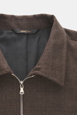 Close-up front view of Briglia 1949 Jacket 'Bill' grey brown melange showing turn-down collar, two-way zipper, pure virgin wool with slightly textured feel, slim fit, cuffed sleeve ends, slanted welt pockets, smooth lining fabric, and one inside pocket.